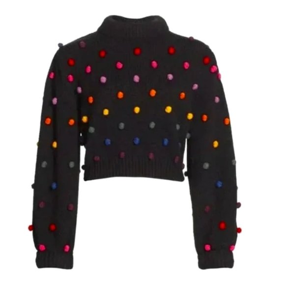 FARM Rio Sweaters - NWT FARM Rio Rainbow Pom-Pom Chunky Knit Black Balloon Sleeve Oversized Sweater